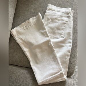 Frame Denim White Flare Jeans with Scalloped Lace Hem